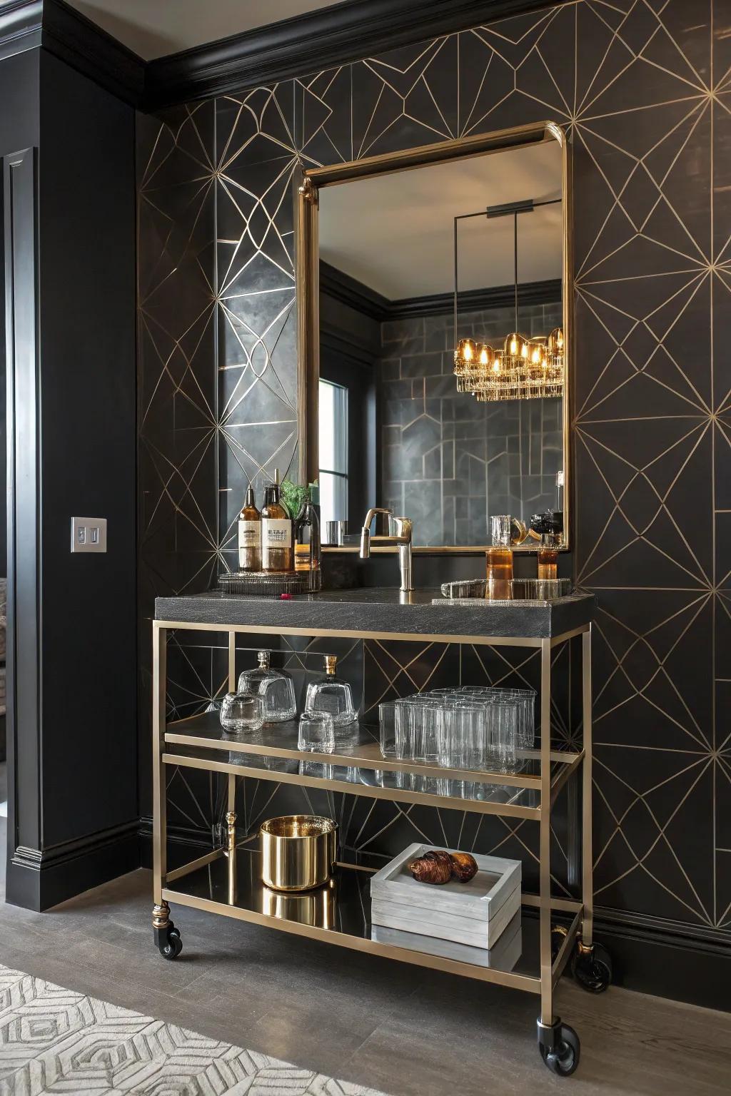 Bring modern flair to your bar with geometric mirror patterns that dazzle. 🌀 #ModernDesign #BarStyle