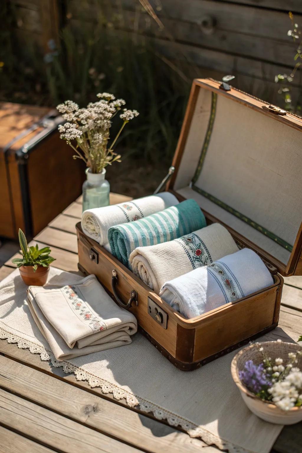 Infuse charm into your home with napkins stored in a vintage suitcase 🧳 #VintageDecor #CharmingHome #UniqueStorage