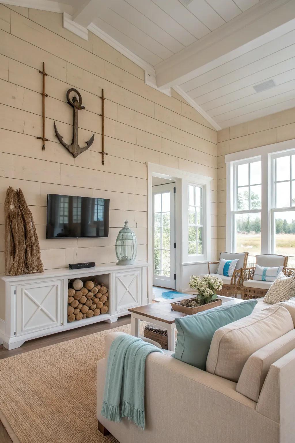 Embrace coastal vibes with shiplap walls that evoke the feeling of a beachside retreat.