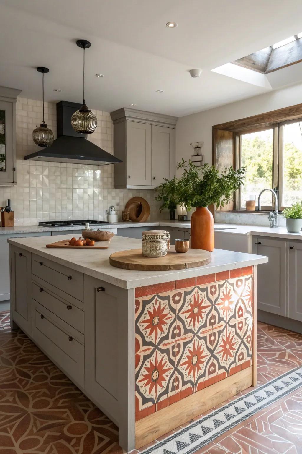 Add an urban twist with cement tiles that bring industrial charm and durability to your kitchen.