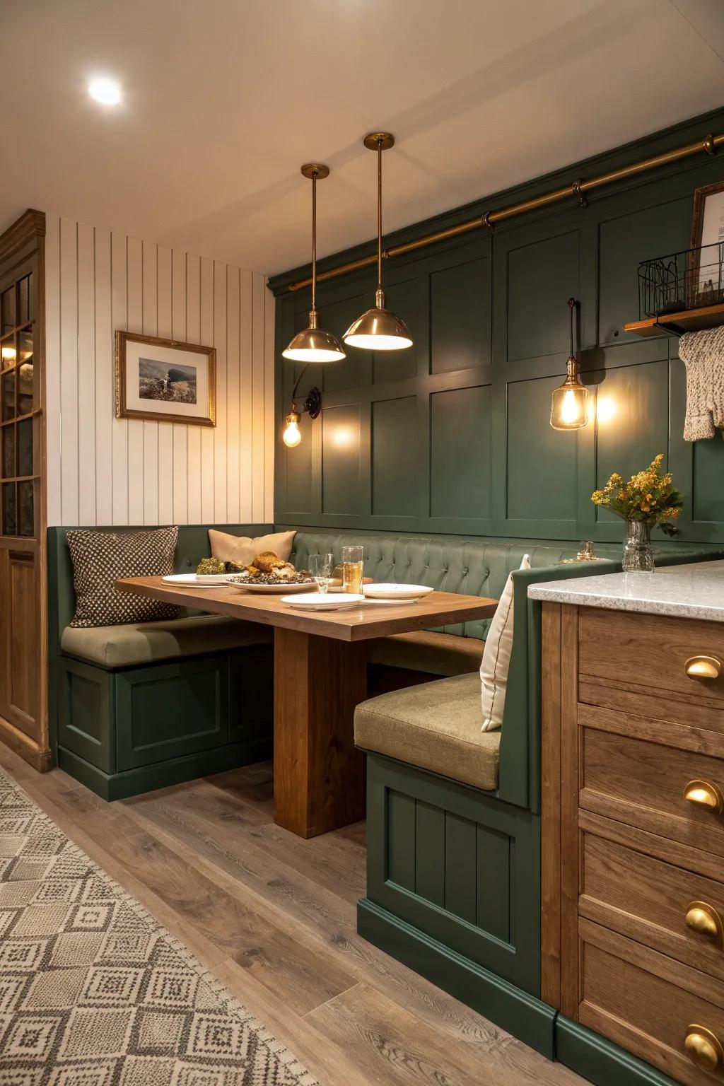 Smart storage solutions under booth seating keep your kitchen tidy.