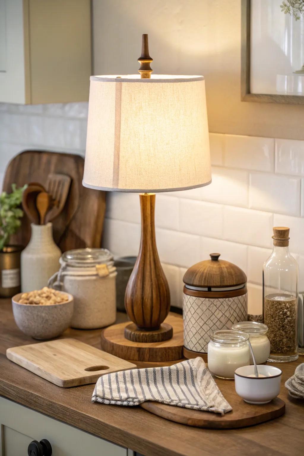Blend function and style with a lamp integrated into kitchen essentials.