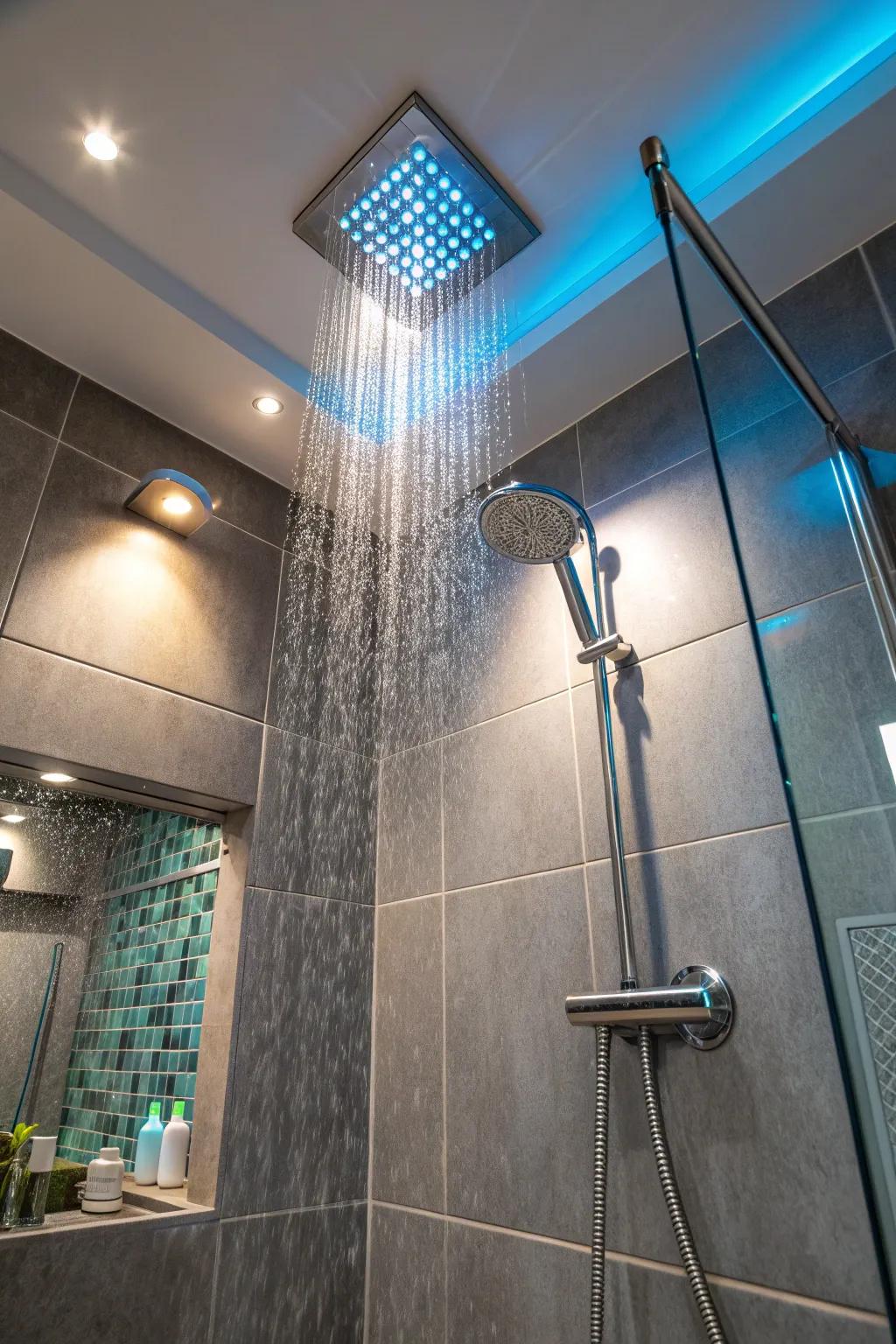 Discover the art of light and shadow with spotlights that add drama to your shower. 🎨 #LightingDesign #InteriorMagic