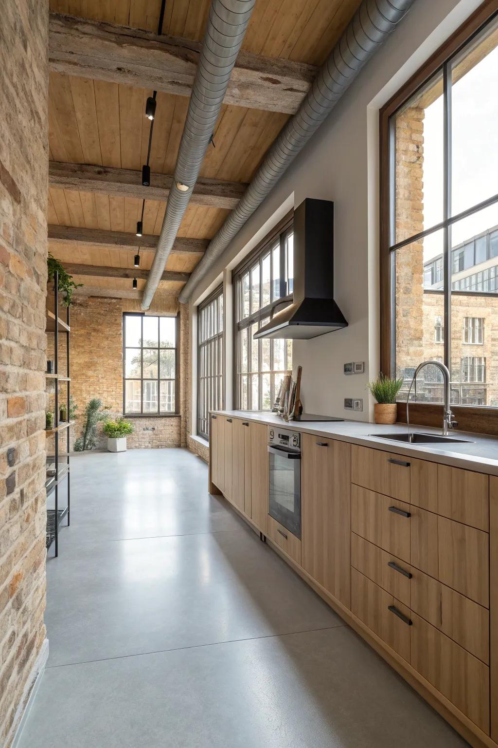 Exposed elements bring an industrial chic vibe to kitchens with light grey floors.
