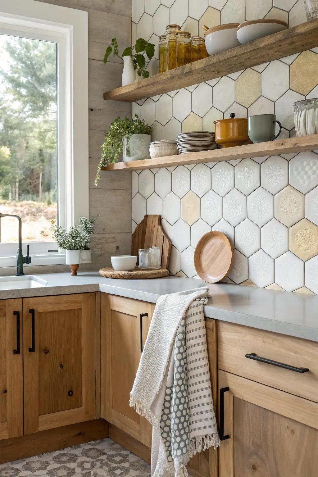 Add dynamic visual interest to your kitchen with playful hexagonal tile patterns.