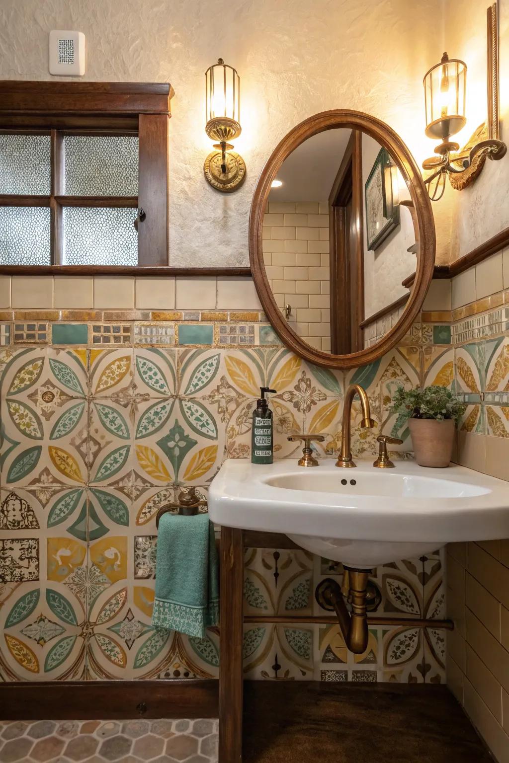 Transform your bathroom with mosaic tiles that offer a touch of vintage artistry.