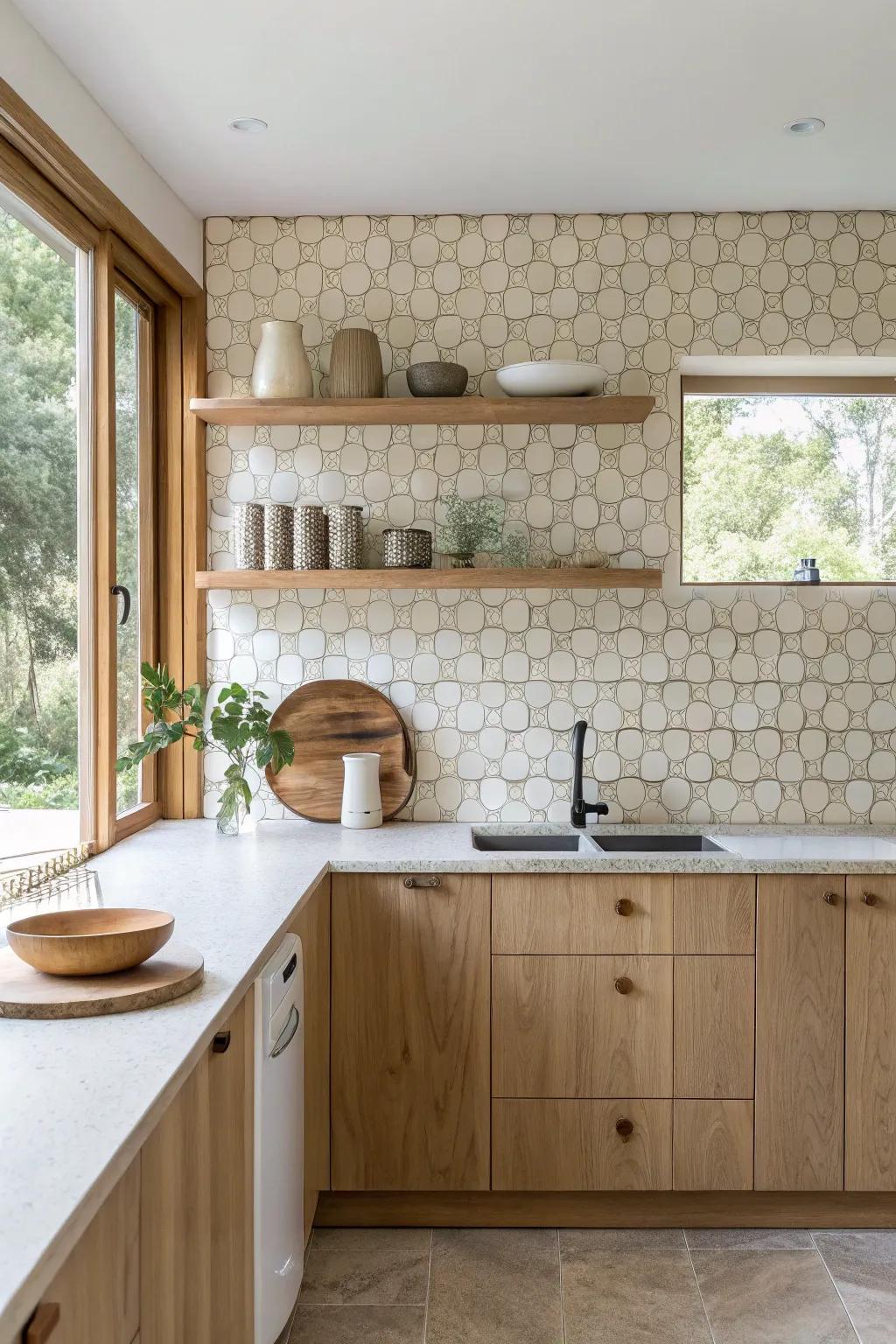 Penny round tiles bring a vintage charm with a contemporary edge, perfect for any kitchen.