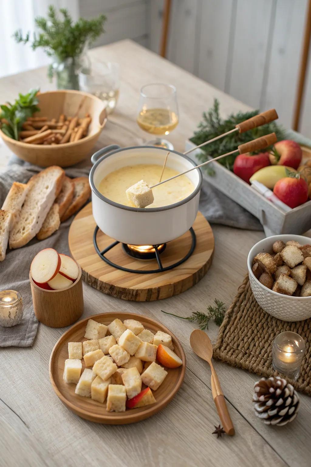 Dive into a cozy cheese fondue with an array of delicious dipping options.
