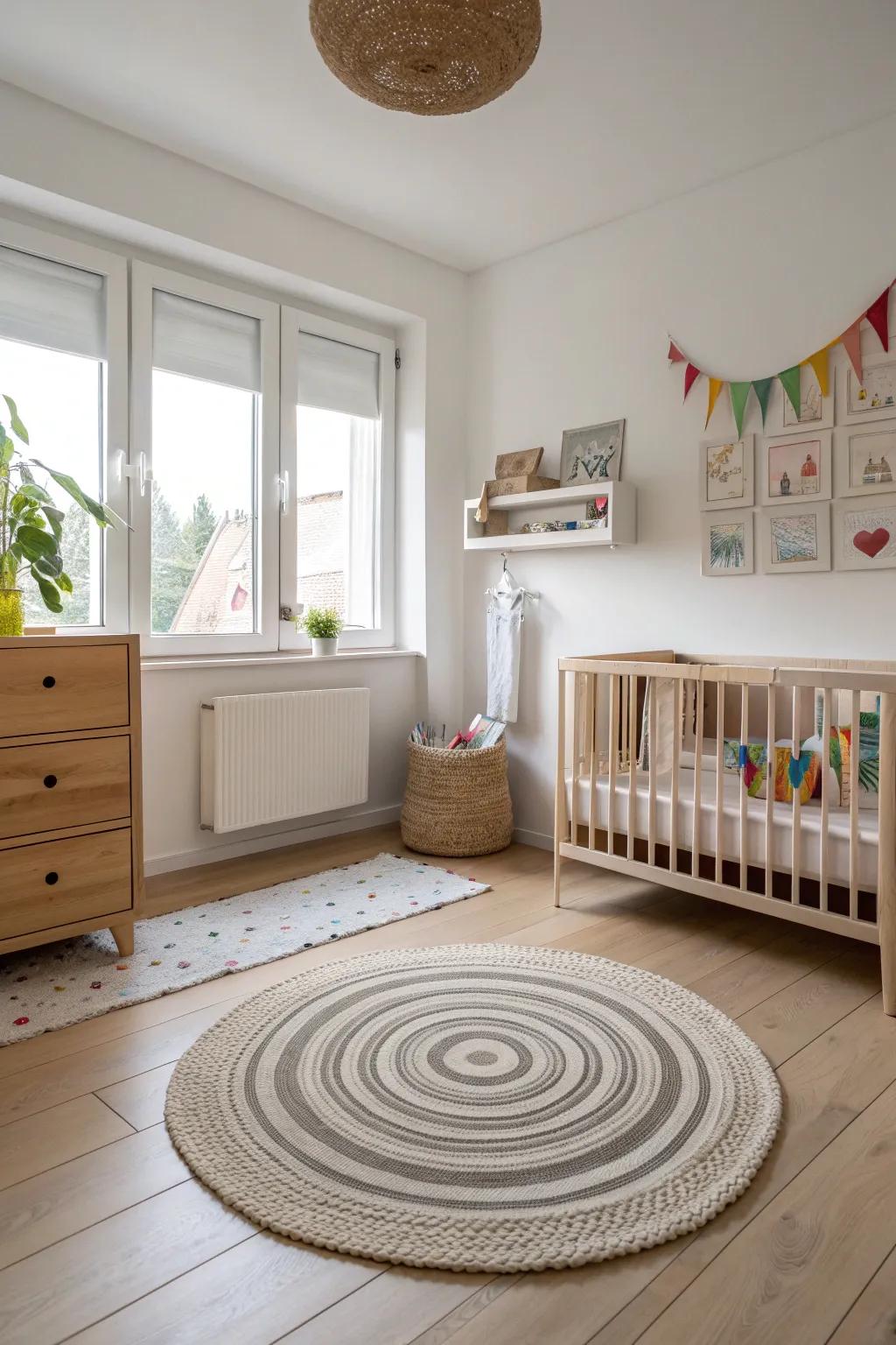 Add a touch of contrast with a monochrome rug that lets your nursery's colors shine.