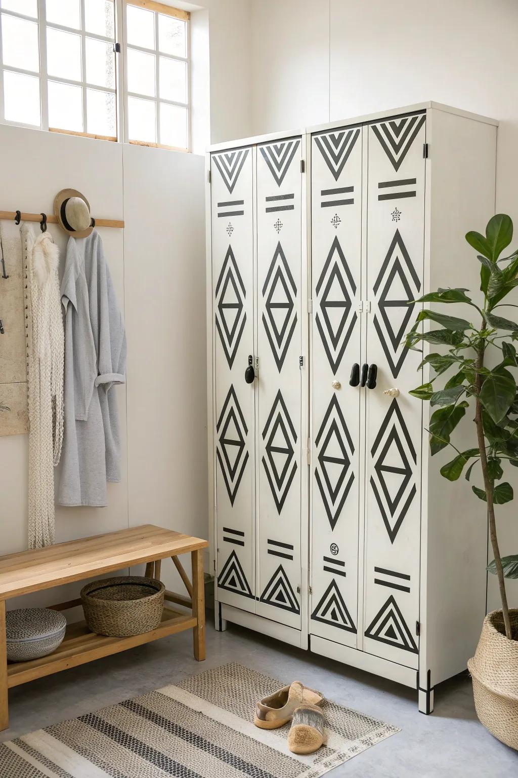 Add modern flair with geometric-patterned lockers that serve as both storage and art.