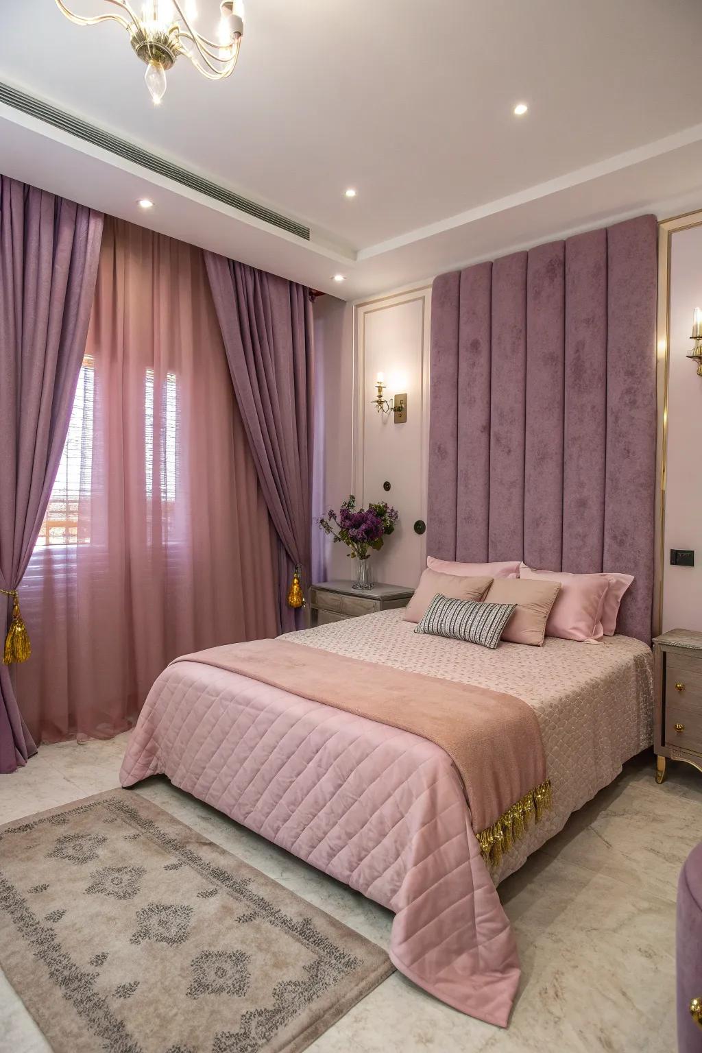 Pink quartz and lavender combine for a truly luxurious bedroom escape.