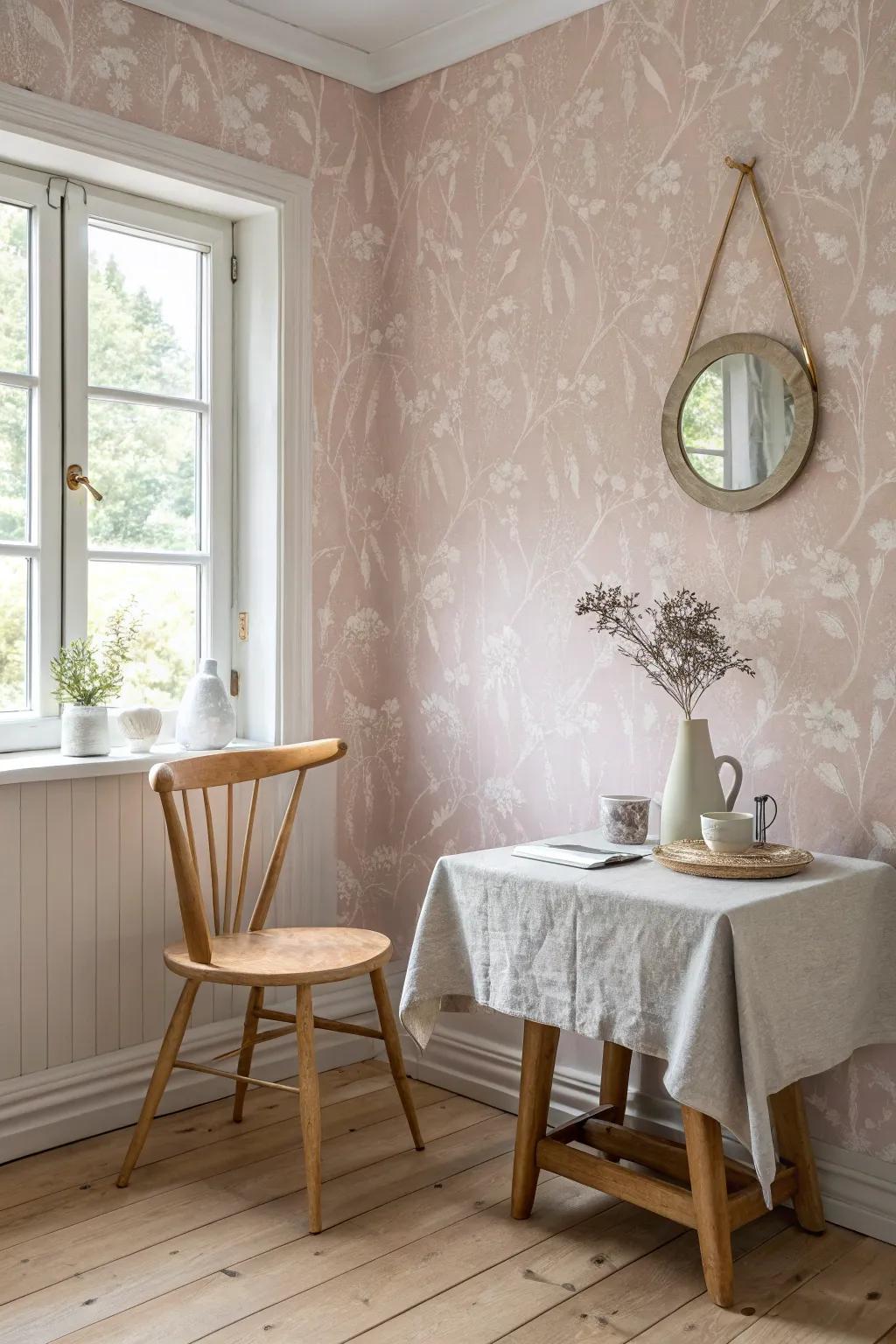 Make the most of small spaces with light pink wallpaper that opens up and brightens your room.
