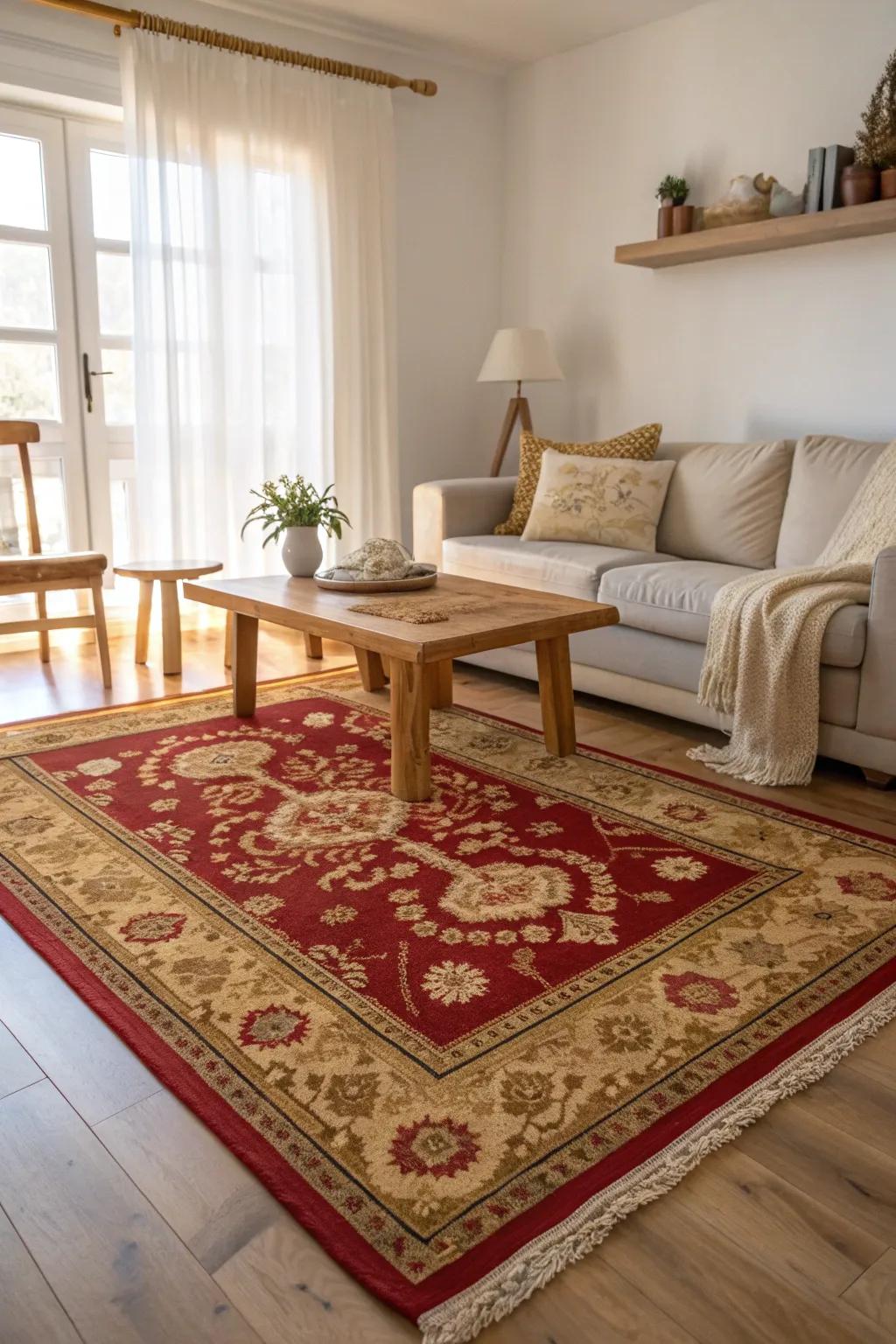 A red and gold rug adds warmth and cohesion to your living room design.