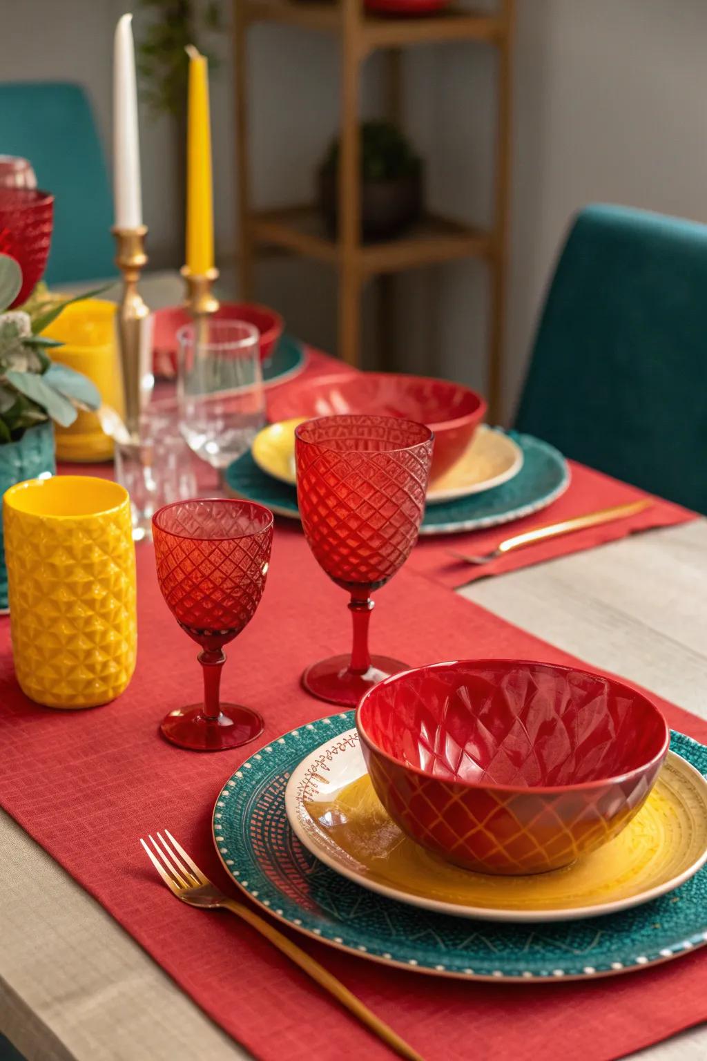 Surprise your guests with unexpected pops of red, adding intrigue to the table.