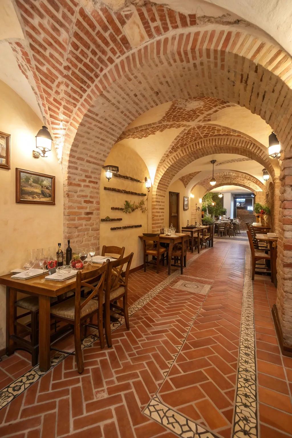 Create a cozy, rustic charm with the warmth of brick flooring.