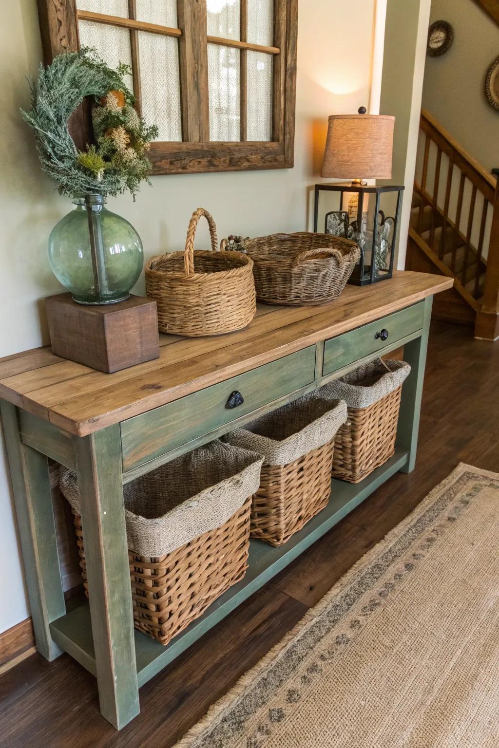 Woven baskets provide both storage and a rustic touch to your entryway decor.
