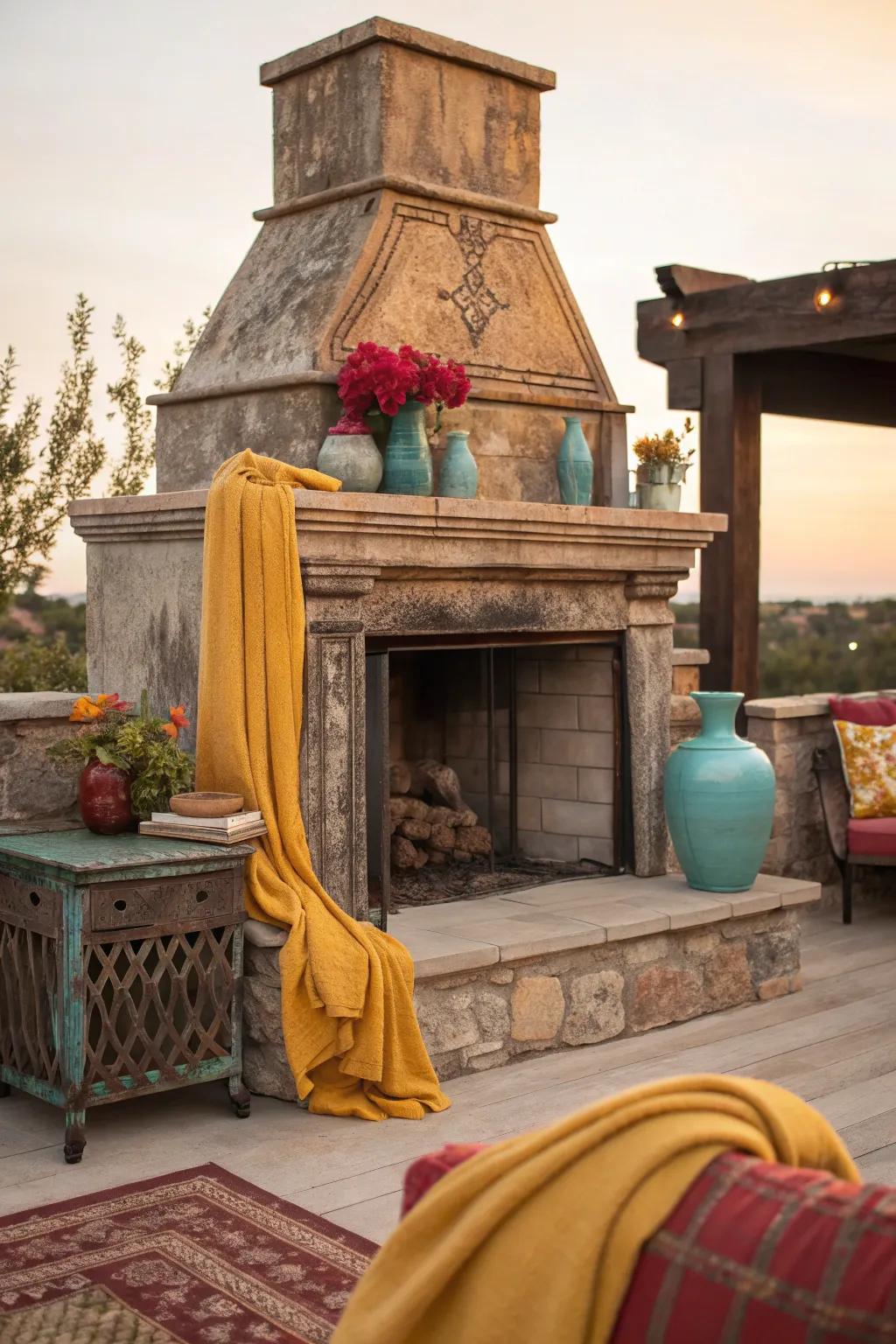 An aged patina adds a sense of history and warmth to any rustic fireplace. #PatinaCharm #RusticElegance