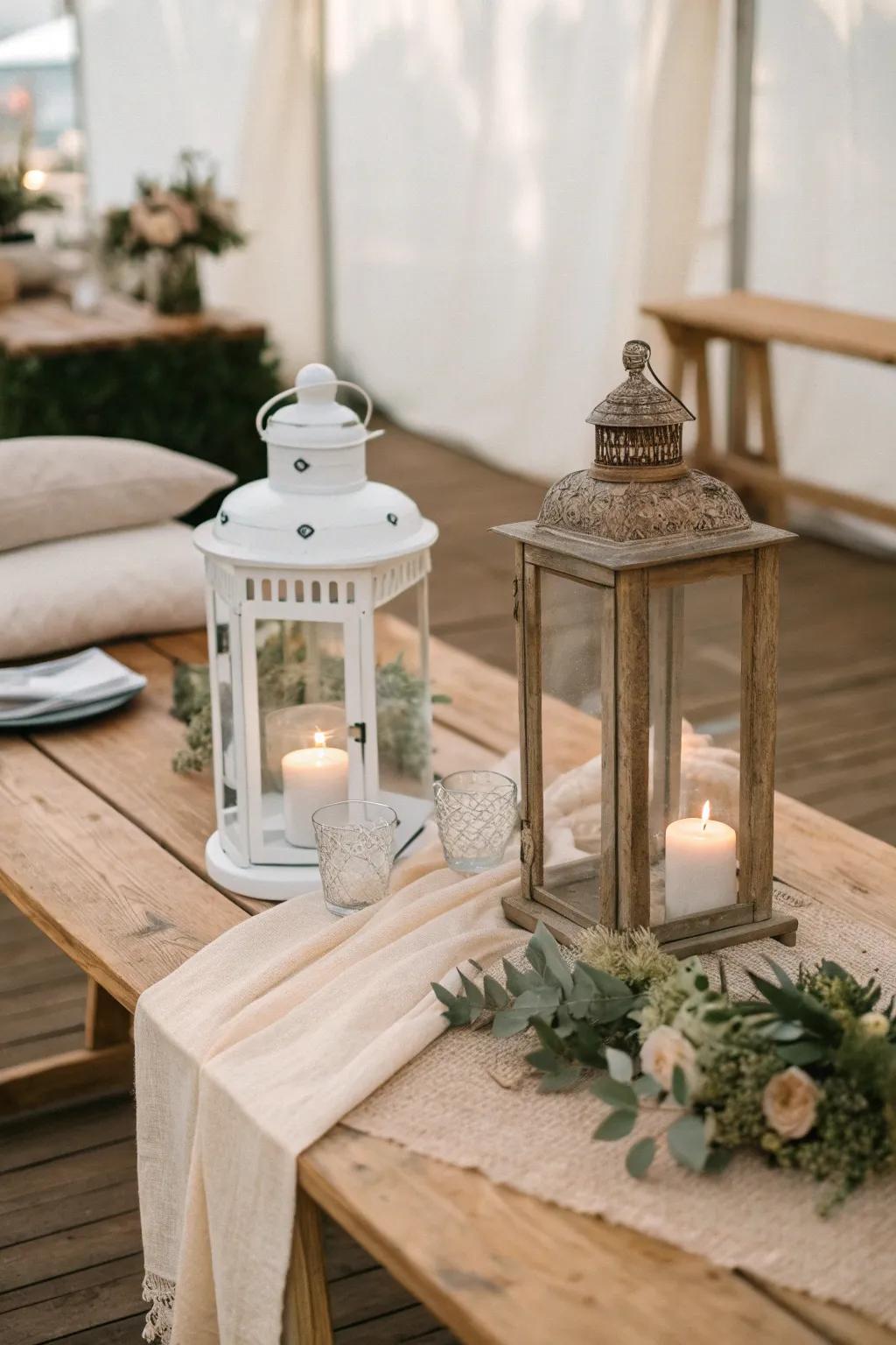 Vintage lanterns bring a nostalgic elegance to your table decor, perfect for a cozy and romantic atmosphere.