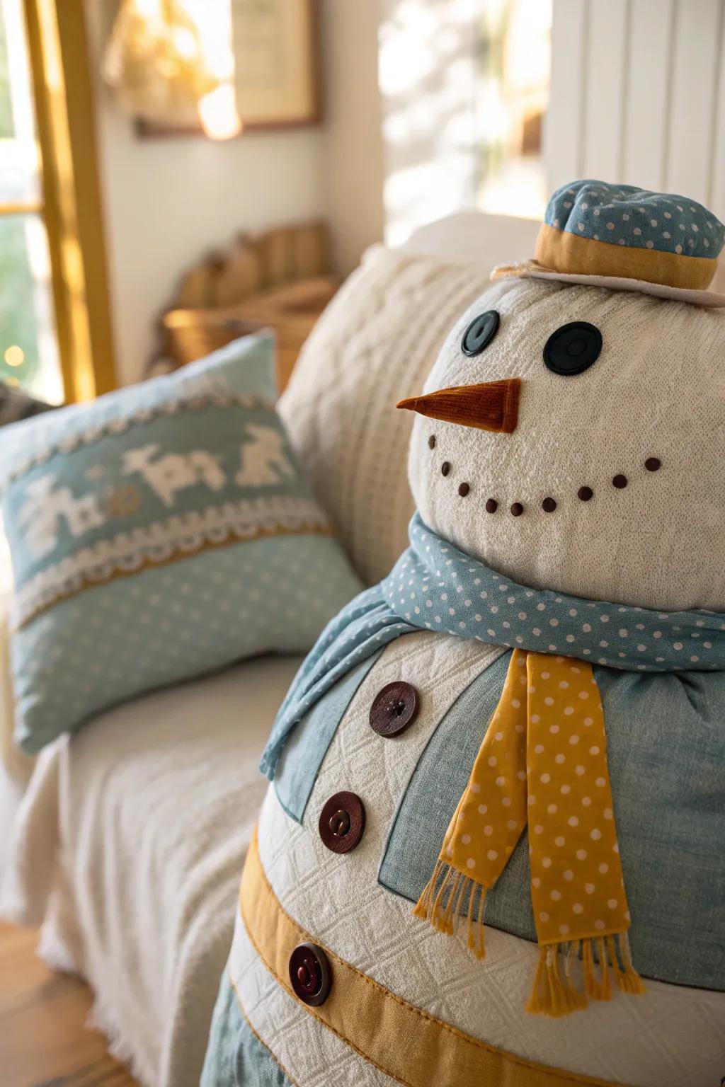 Fabric scraps make for a colorful, textured snowman mouth.