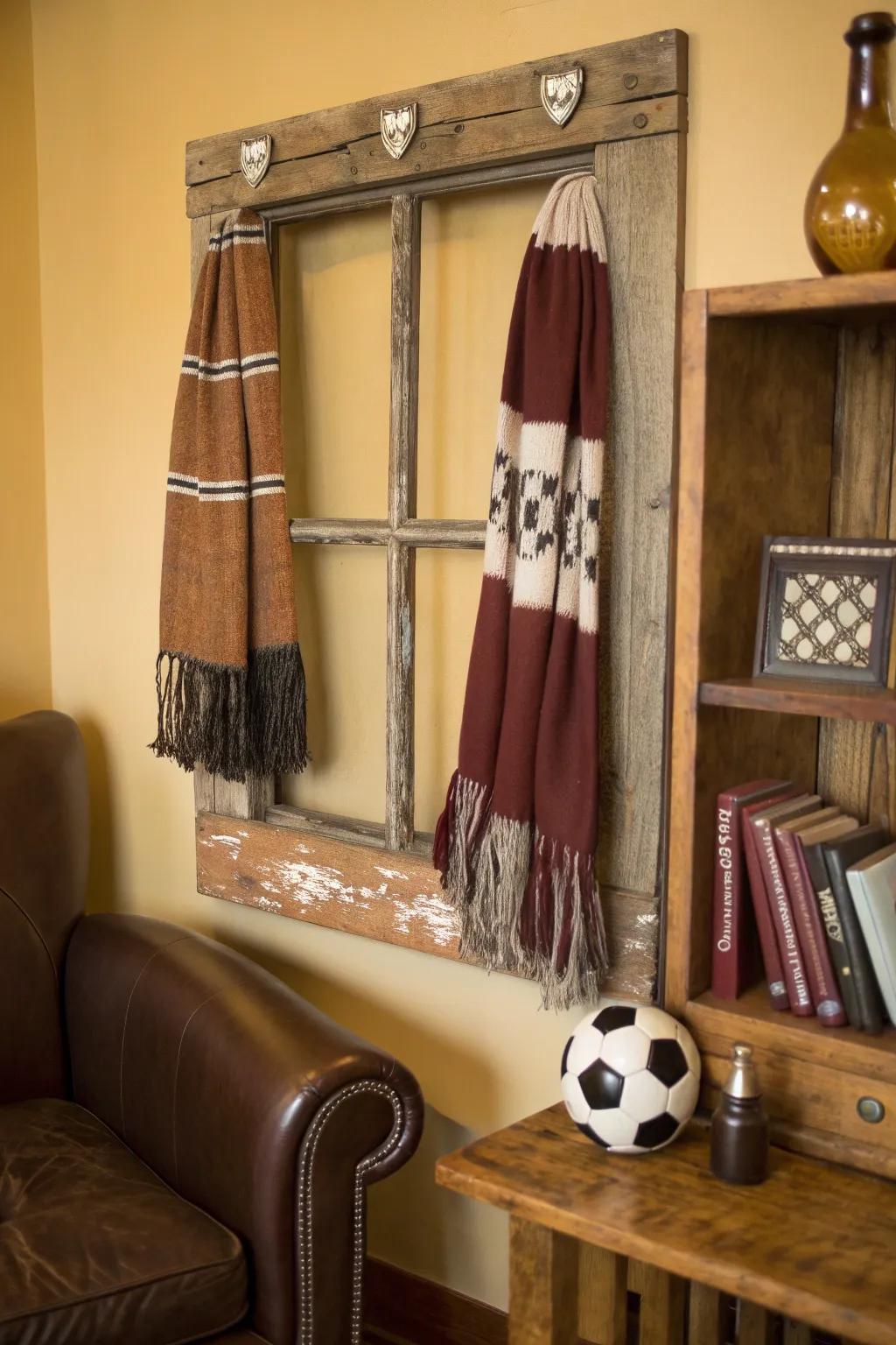 Repurpose a window frame for a vintage-inspired scarf display that tells a story.