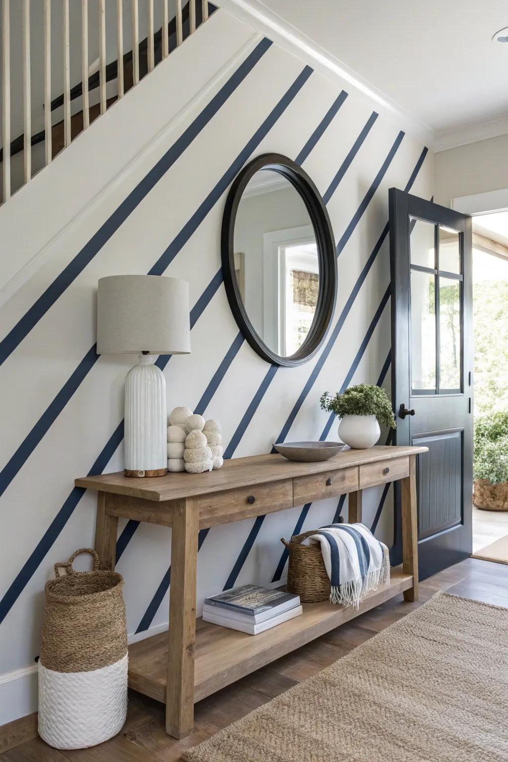 Welcome guests with the dynamic flair of diagonal stripes that add drama and style.