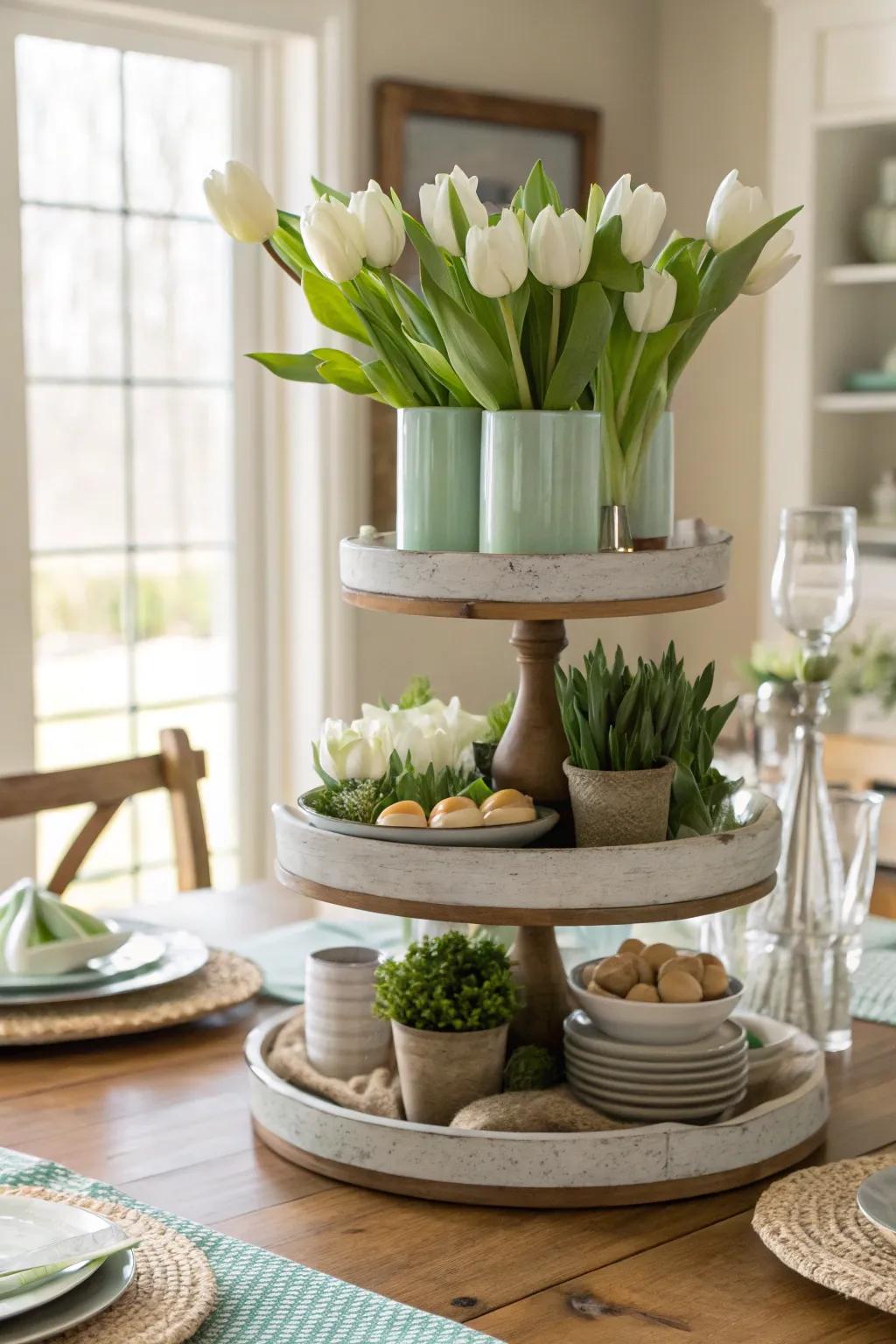 Add depth to your decor with a layered tulip tray centerpiece.