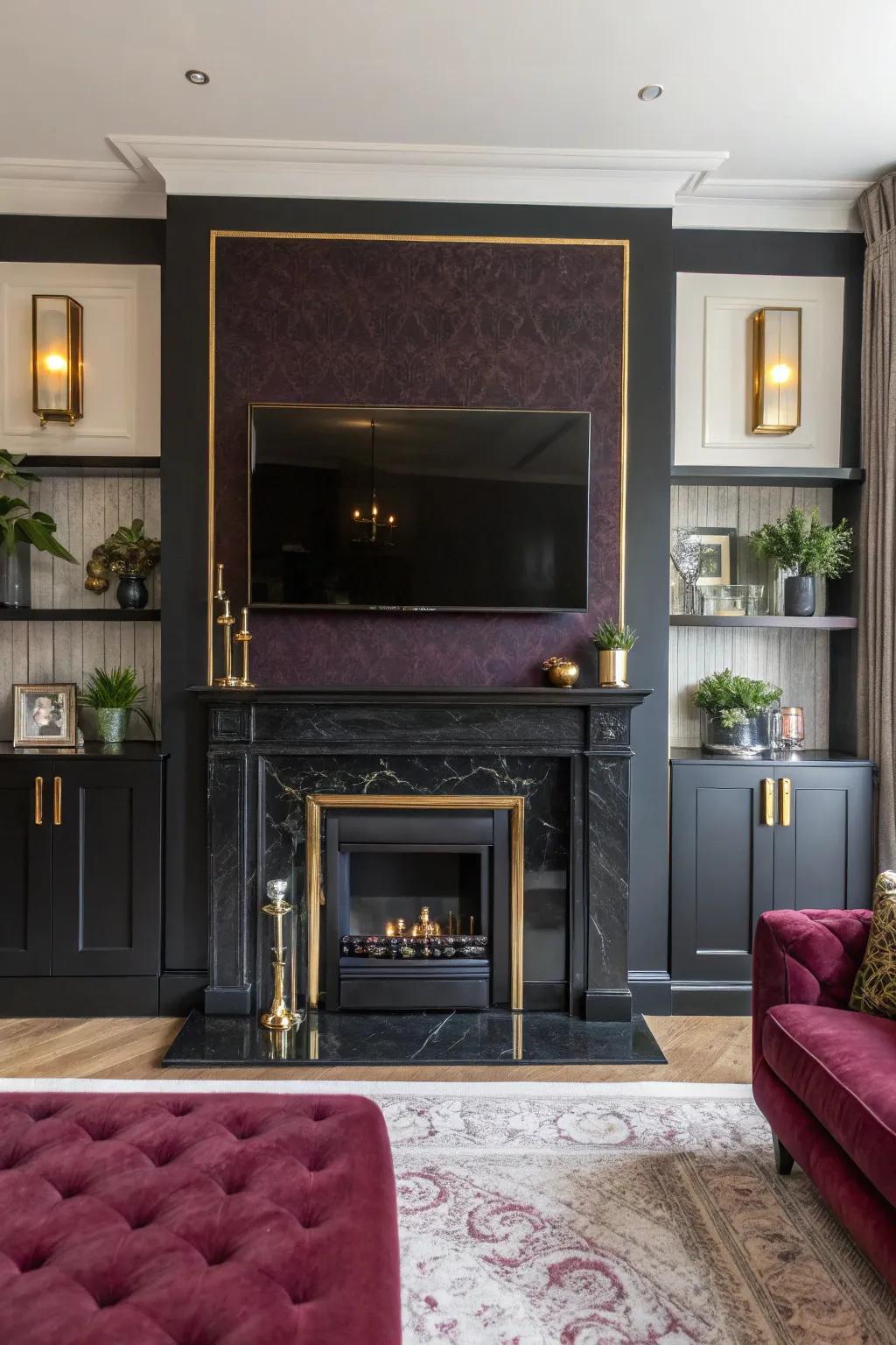 Add drama with contrasting color blocks around your TV and fireplace. 🎨 #ColorPop #ModernVibes