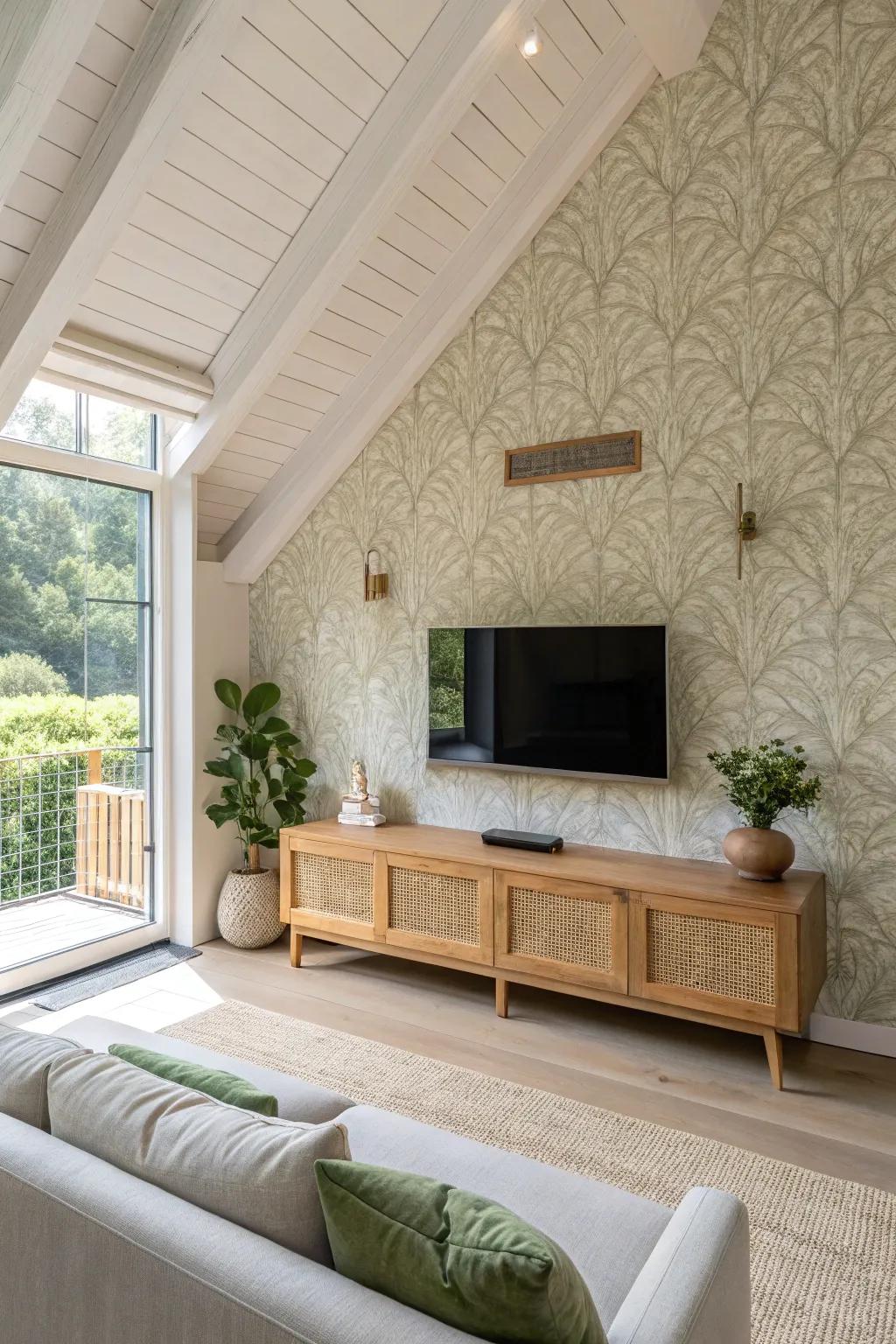 Textured wallpaper transforms your TV wall into a stunning focal point, rich with visual interest.