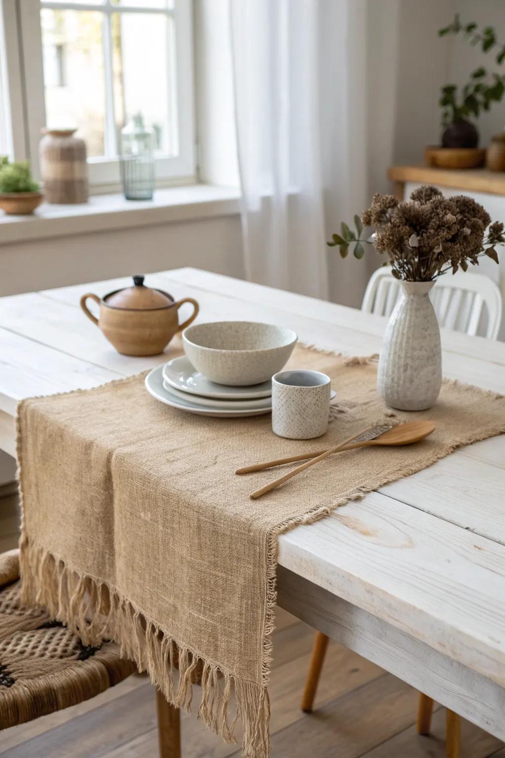 Ground your vintage table with a rustic burlap runner for a cozy, homey feel.