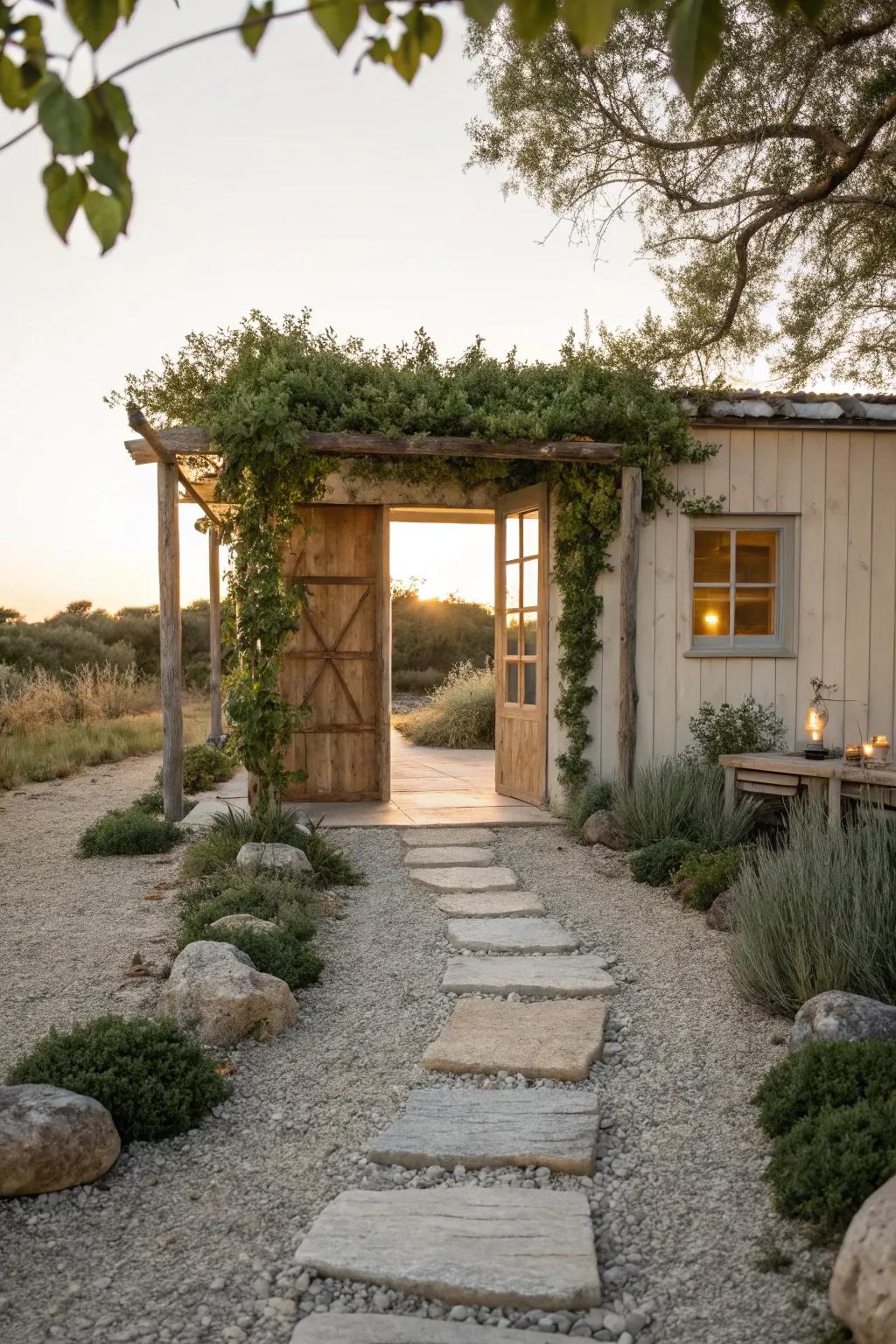 Embrace rustic elegance with a natural gravel path that harmonizes with your garden.