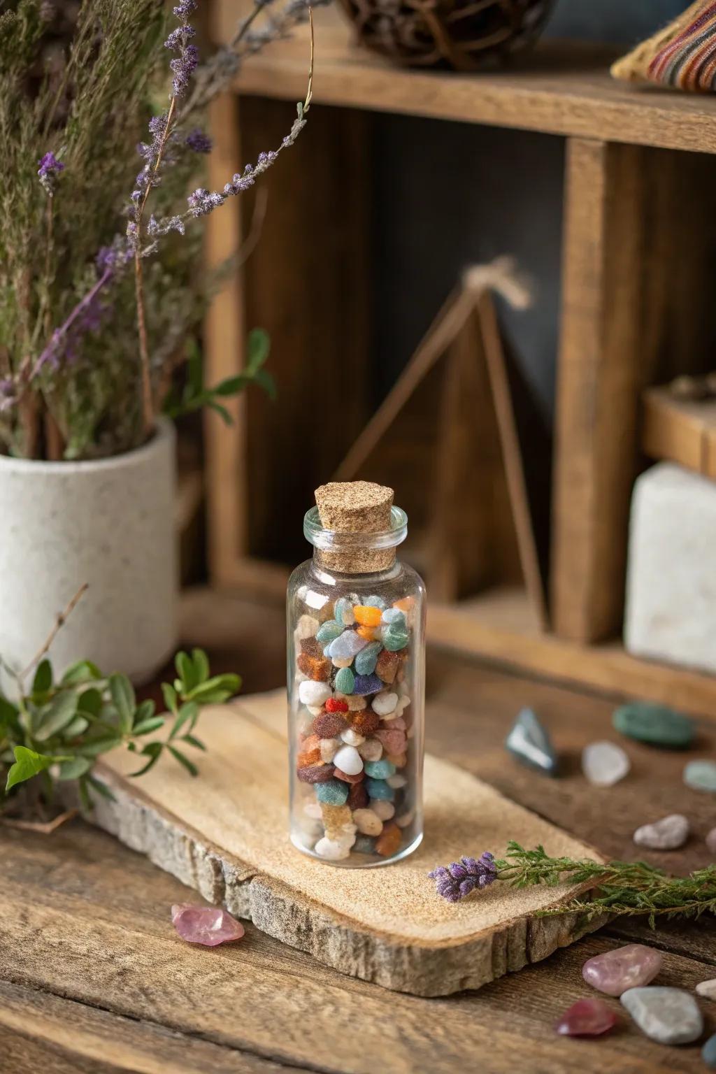 Showcase the beauty of nature with colorful stone displays in mini bottles.
