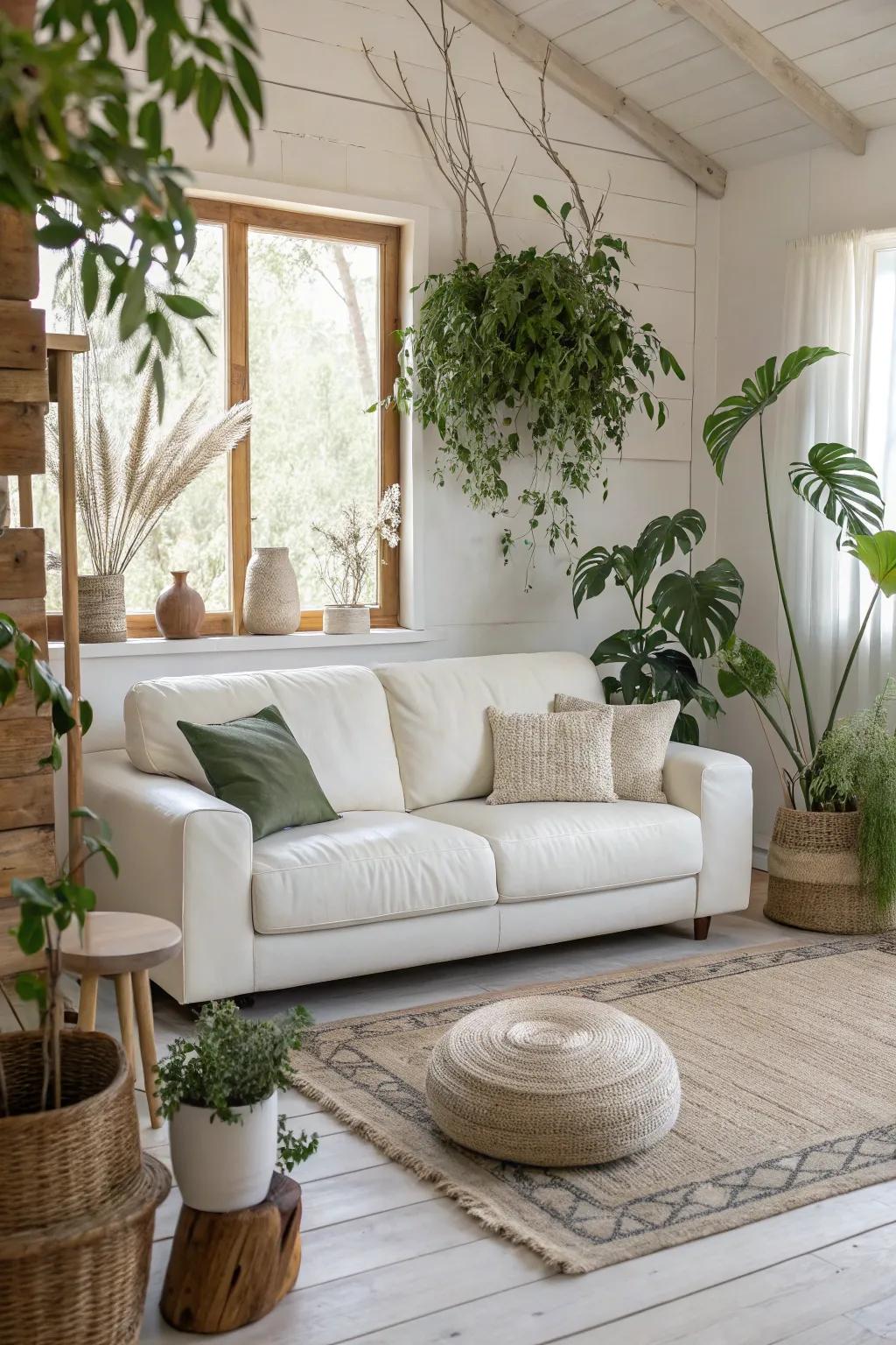 Nature meets style as plants seamlessly blend with a white leather sofa.