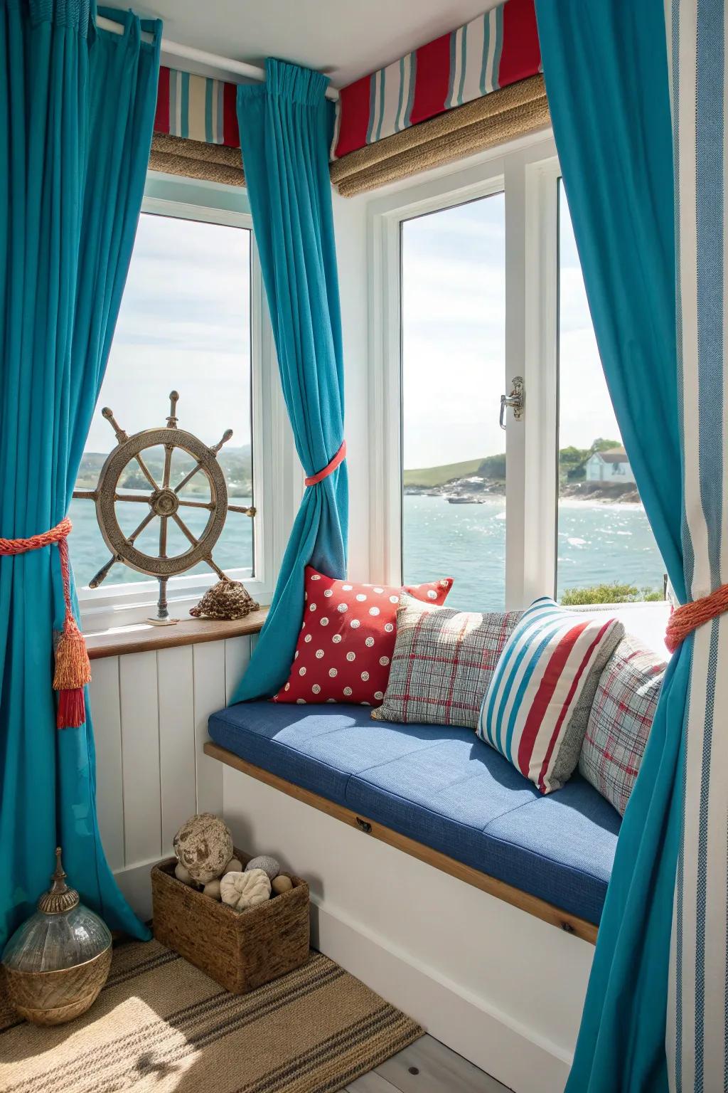 Stripes add a coastal charm to your window seat, perfect for a summer vibe. #NauticalStyle #StripeLove #SummerDecor