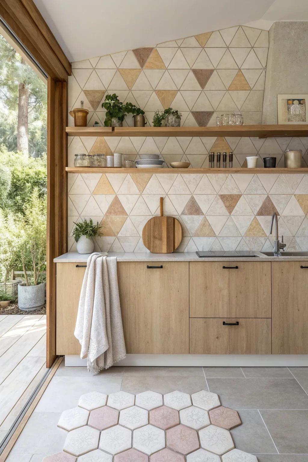 Add a modern twist with geometric tiles that bring a striking focal point to your kitchen.