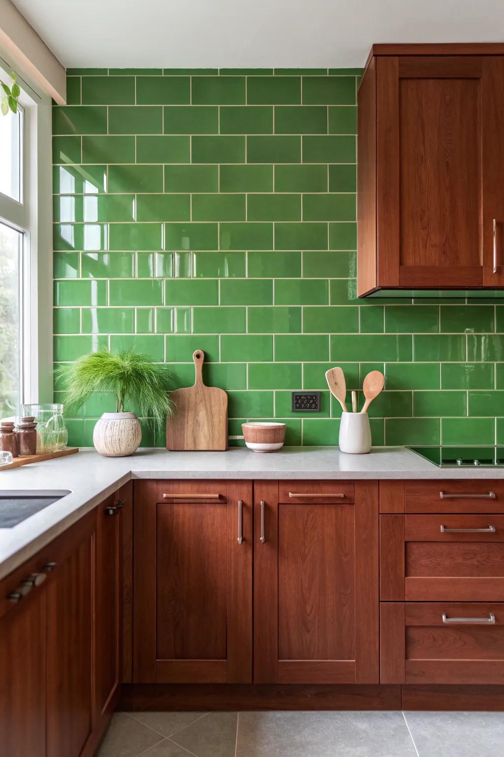🌿 A green backsplash brings a refreshing vibe, perfectly complementing cherry cabinets. #GreenDesign #KitchenInspiration #InteriorDecor