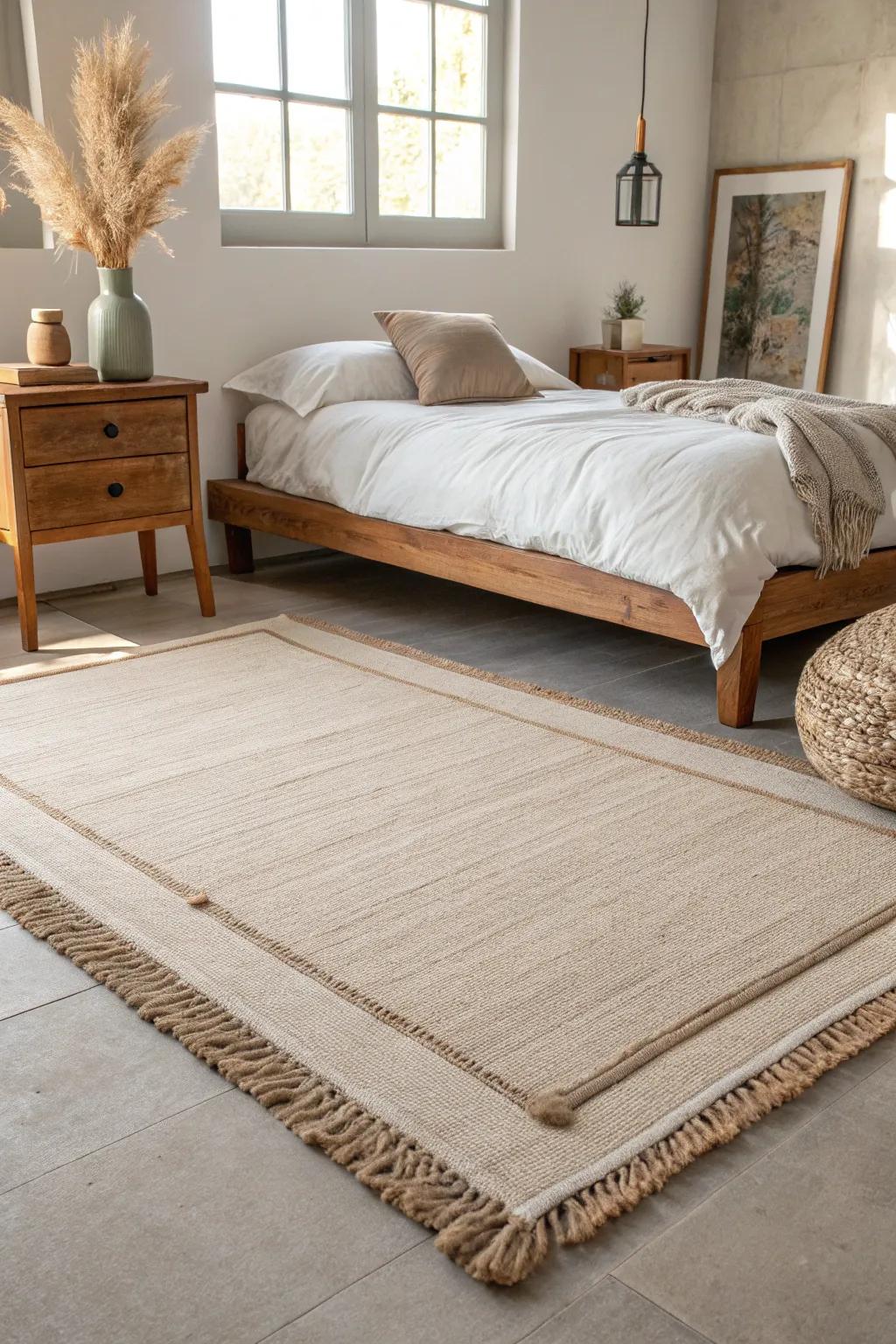Achieve minimalist chic with a neutral rug that enhances your bedroom's elegance without overpowering it.