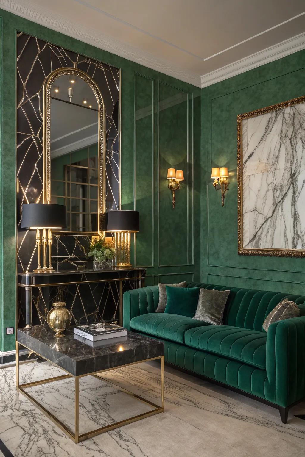 Emerald walls bring a touch of elegance and luxury, making any space feel special. ✨ #SophisticatedStyle #InteriorInspo