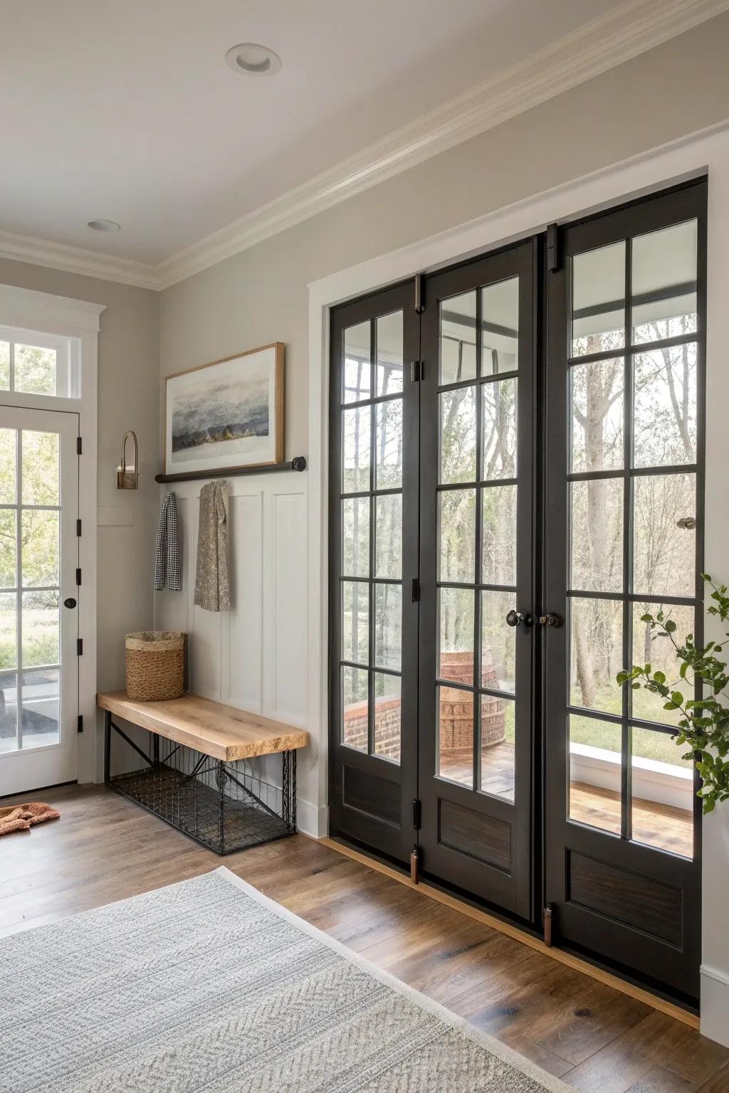 Achieve an industrial vibe with faux window panes on mirrored doors. 🏢