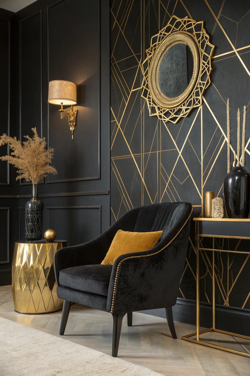 Revamp your walls with bold black and gold wallpaper for an instant style statement. 🖼️ #WallpaperGoals #BoldDesign