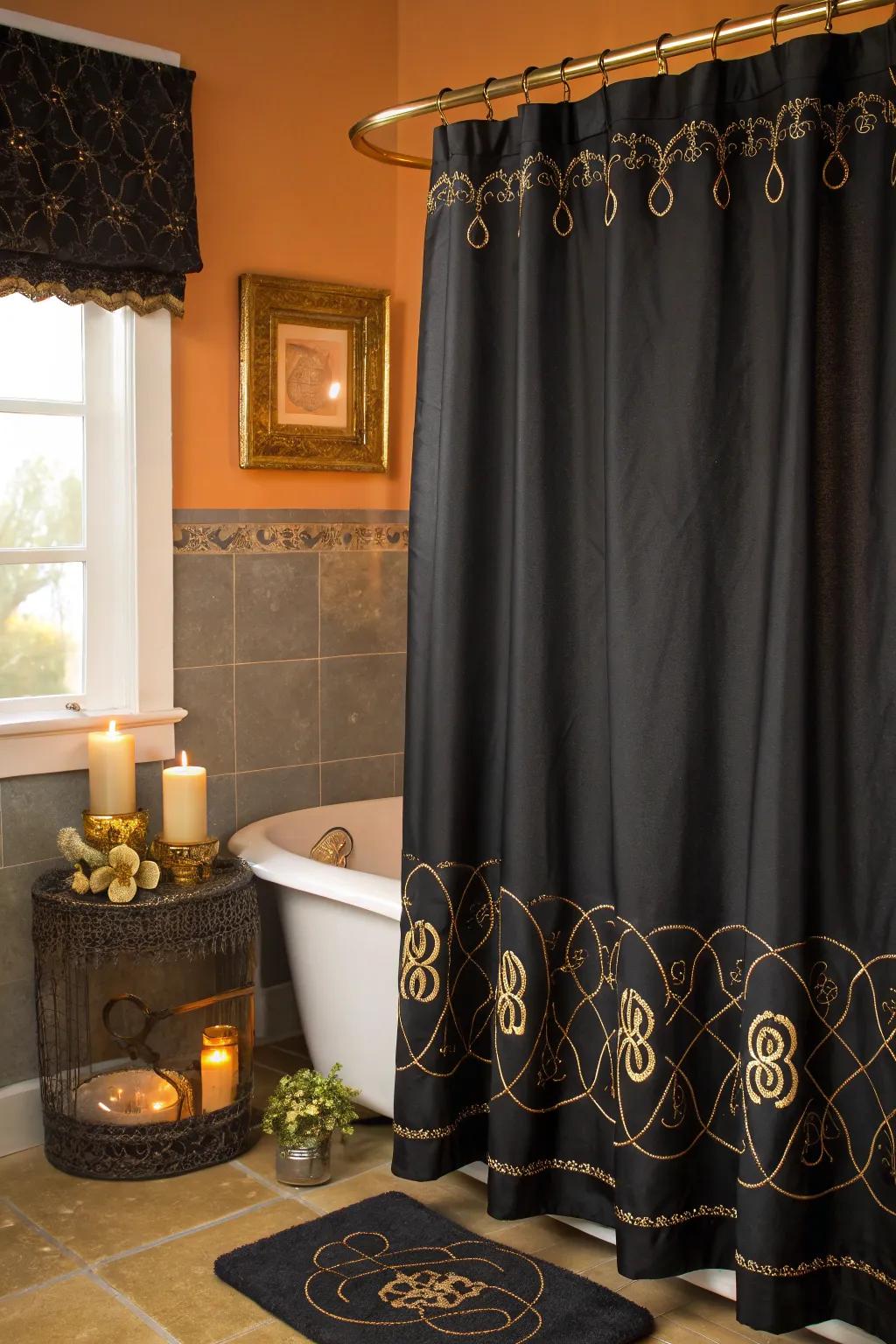 Make it personal with elegant monogram designs on your black shower curtain ✨ #PersonalizedDecor #BathroomStyle #HomeDesign