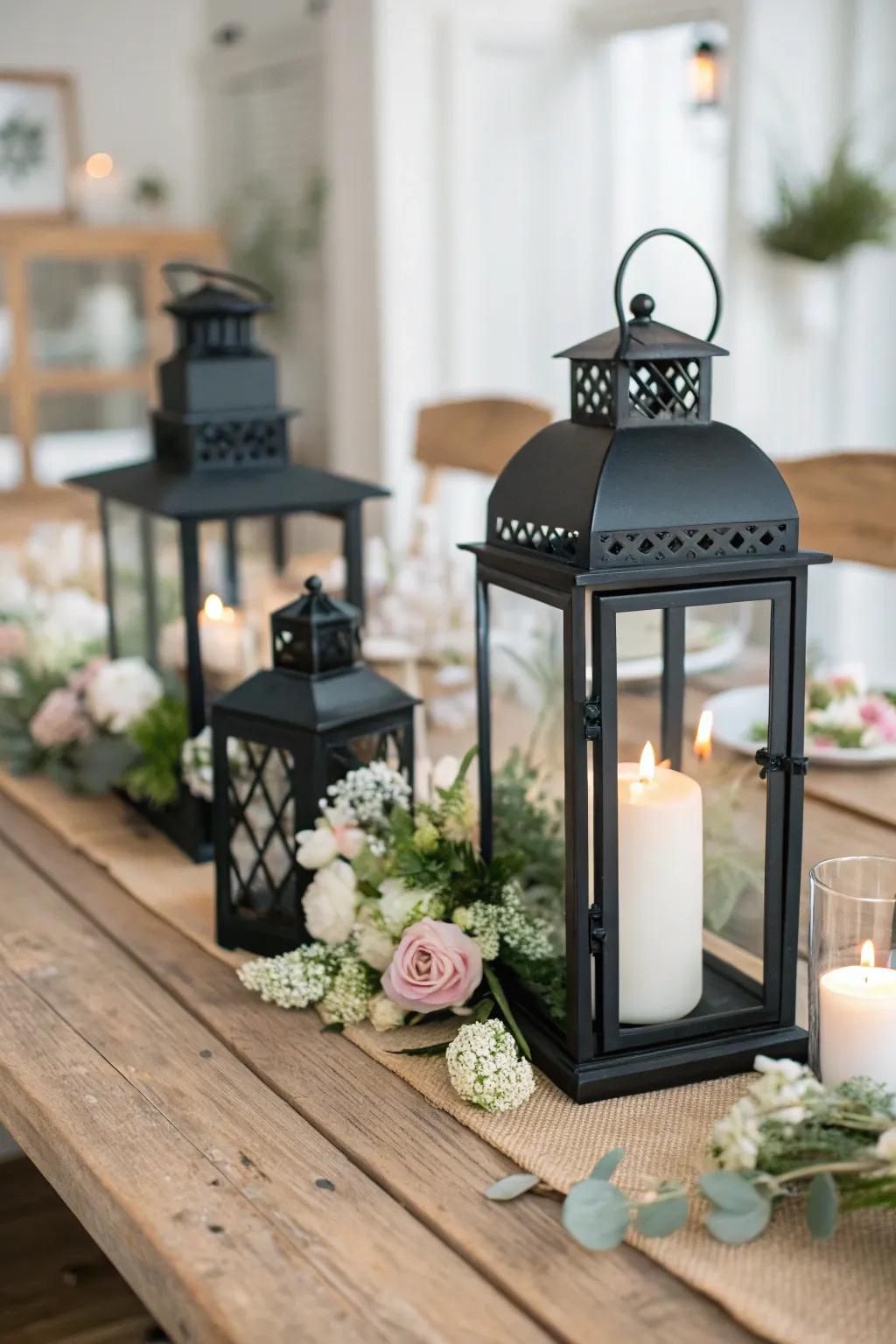 Rustic charm meets modern elegance with black lanterns that light up your event.