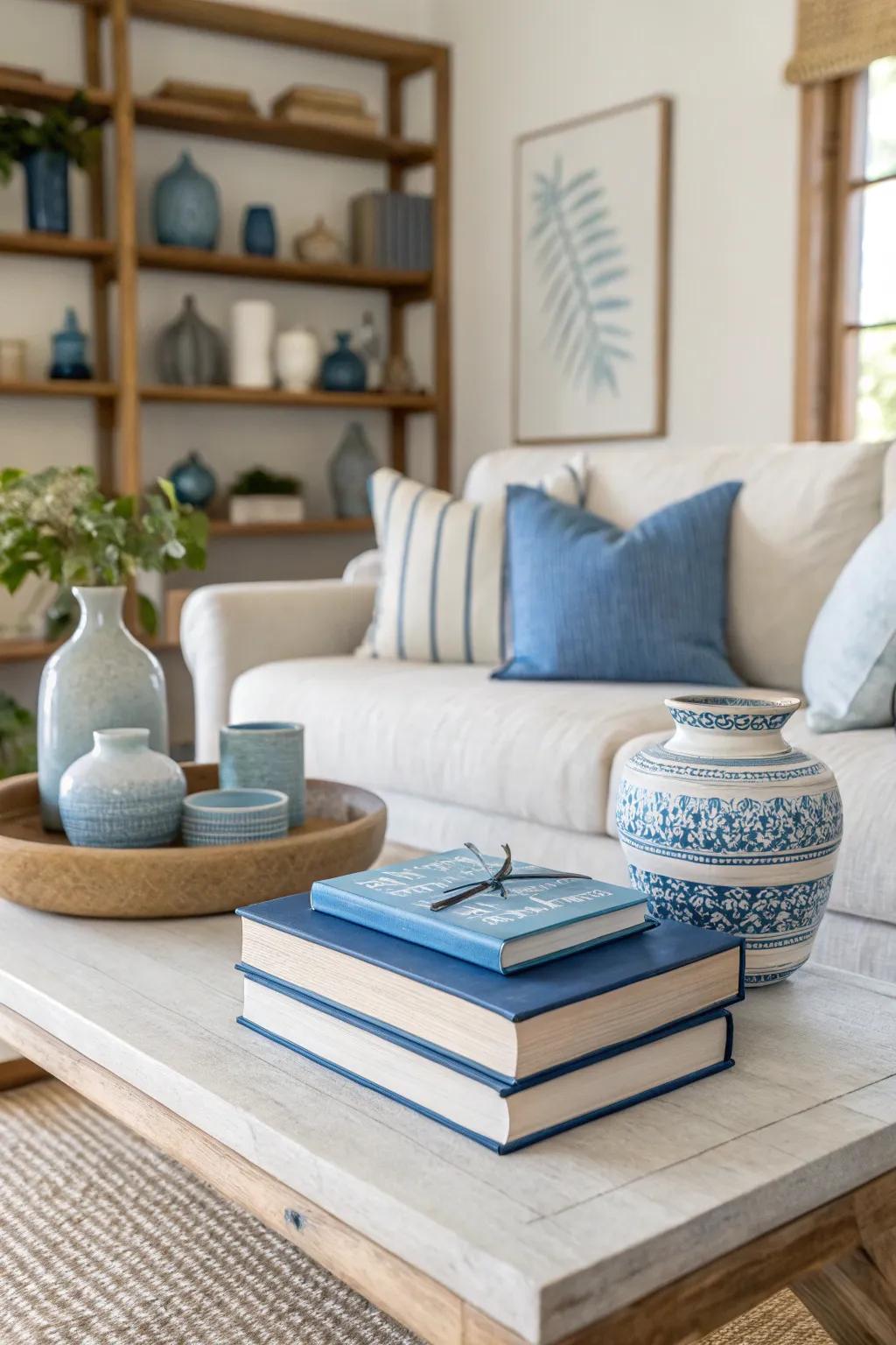 Blue books add character and a personal touch, making your living room uniquely yours. 📚 #BookDecor #PersonalStyle