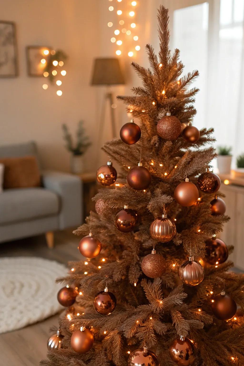 Copper highlights add a modern twist, perfectly complementing the warm brown tones. 🔥 #ModernChristmas #CopperDecor