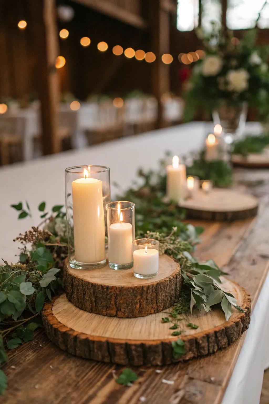 Wooden accents bring warmth and rustic charm to your candlelit wedding tables.