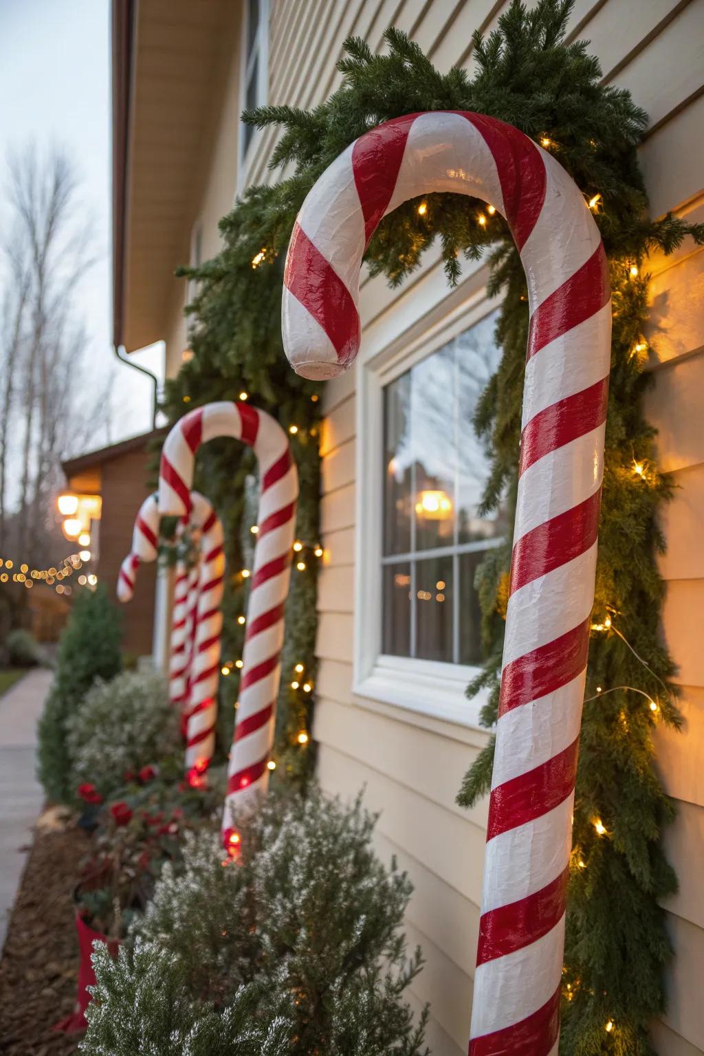Extend the holiday cheer outdoors with oversized candy cane ornaments.