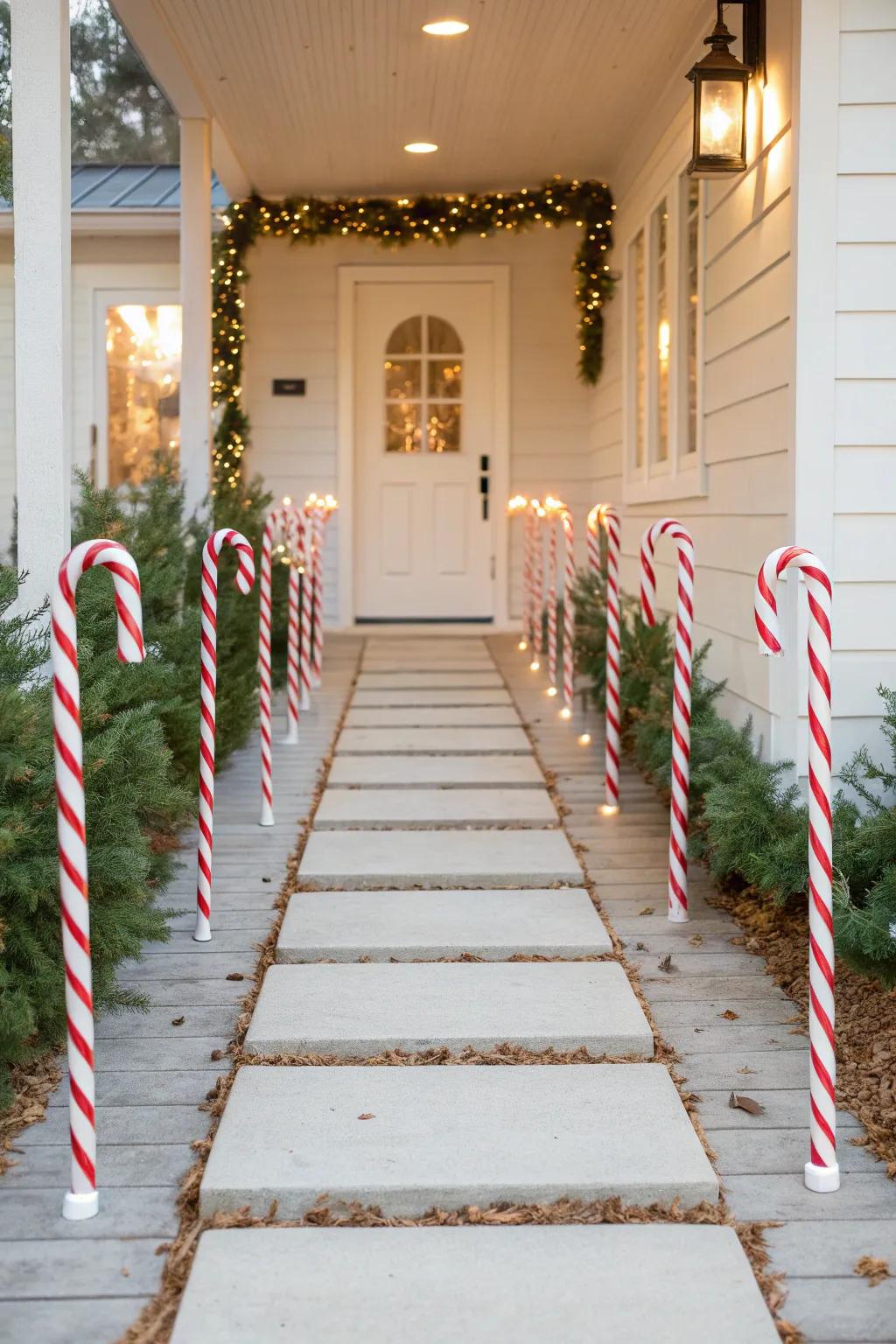 Invite guests with a whimsical candy cane lane pathway that lights the way to holiday magic. 🍬 #CandyCaneLane #HolidayPath