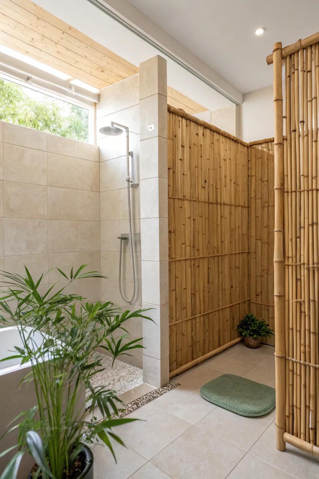 Embrace natural elegance with bamboo panels. Warmth and texture on a budget! 🌿 #NaturalDecor #BathroomGoals