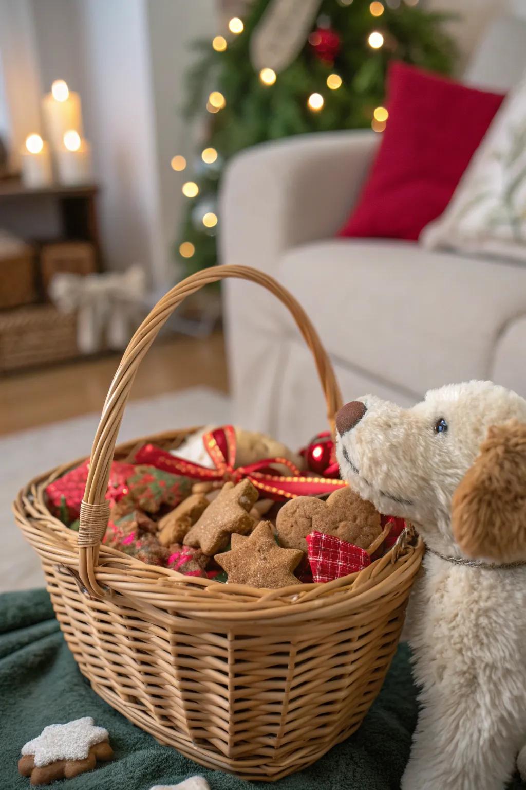 Spread holiday cheer to furry friends with a basket of pet treats, making tails wag with joy.