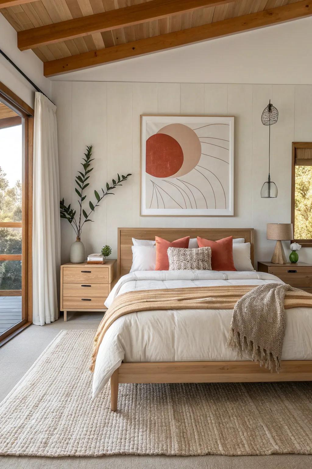 🎨 Make a statement with oversized art that adds personality to your serene space. #ArtInHome #BedroomDecor