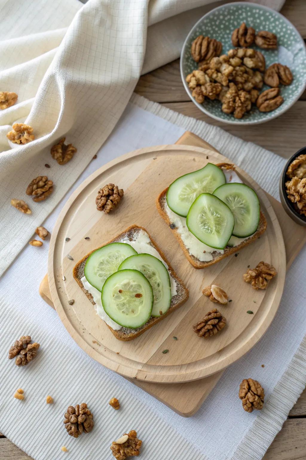 Enjoy the nutty crunch of walnuts in these refreshing cucumber sandwiches. 🥜 #NuttyFlavors #CrunchyBites
